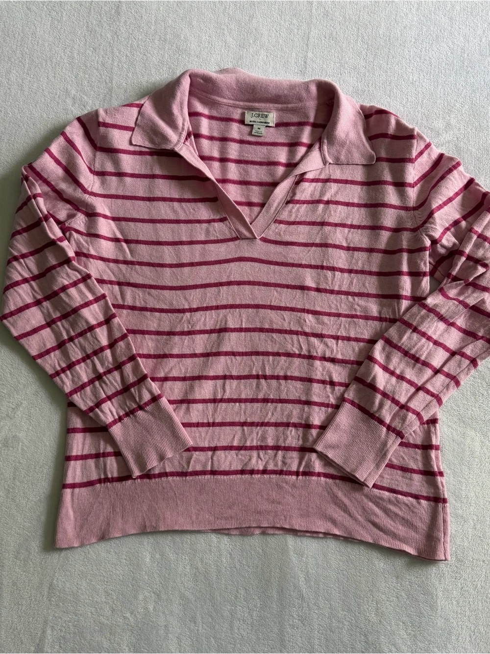 J. Crew with Cashmere Striped Pink Collared Sweater Size Medium Long Sleeve